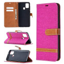 Custodia® Denim Flip Portafoglio Custodia con Funzione di Supporto e Slot per Schede Compatibile per Samsung Galaxy A21s (Rosa Rossa)